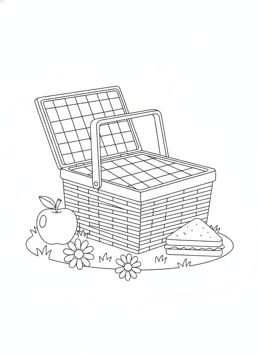 Fun Picnic Basket Coloring Page for Kids with Apple, Sandwich & Daisies