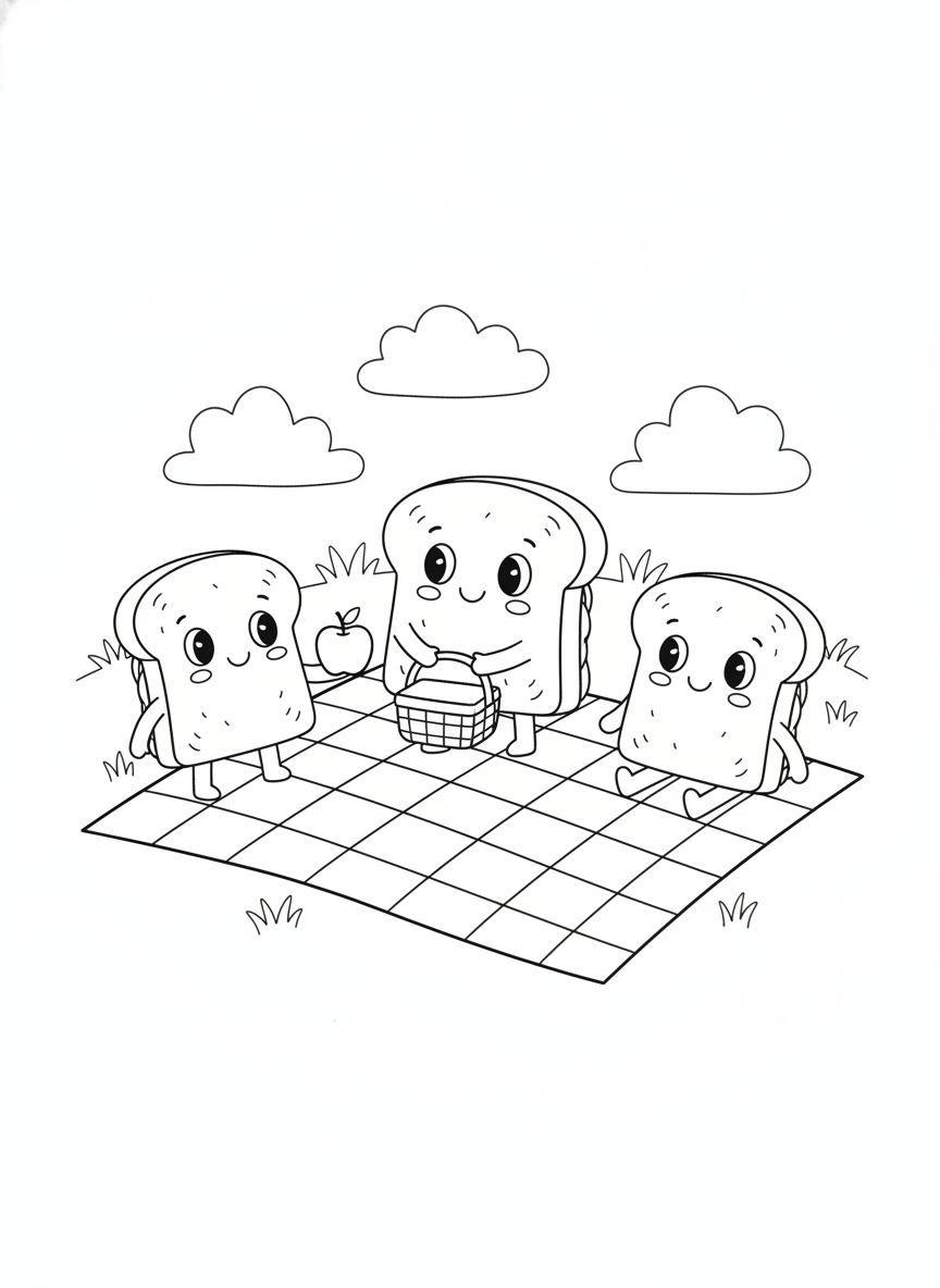 Fun Picnic with Talking Toasts Coloring Page for Kids