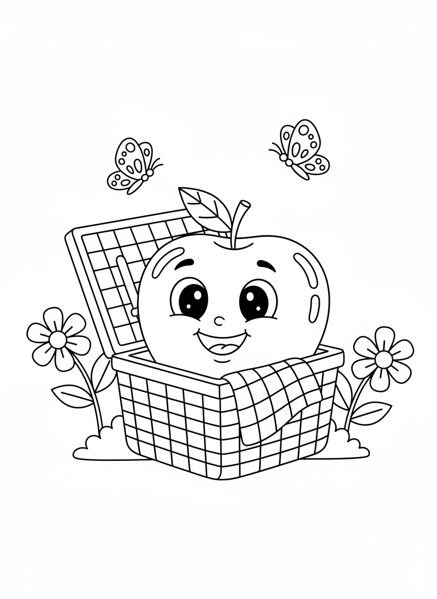 Happy Apple Picnic Coloring Page for Kids