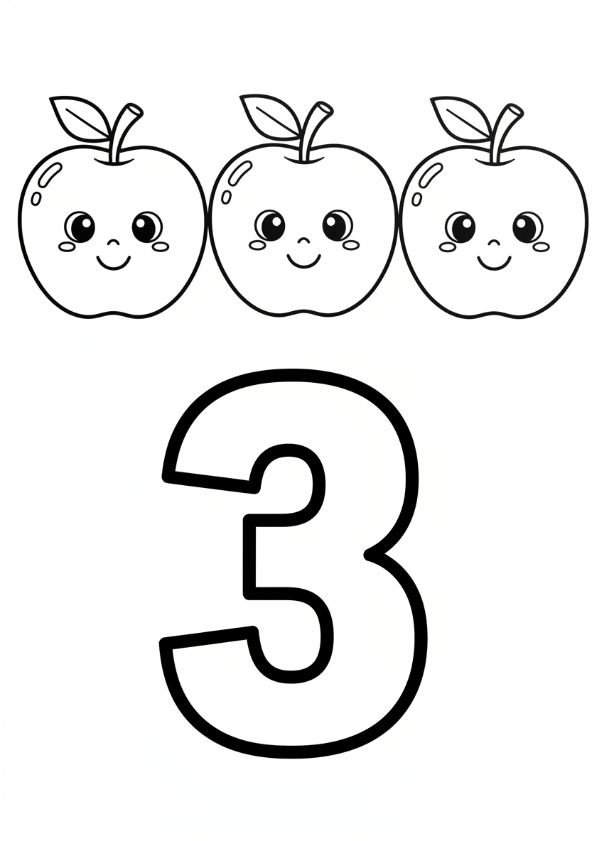 Happy Apples & Number 3 Kids Coloring Page
