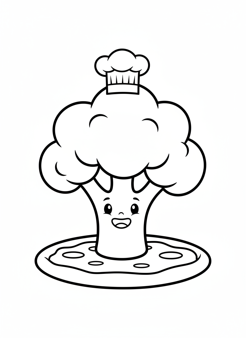 Happy Broccoli Chef on Pizza Base Coloring Page
