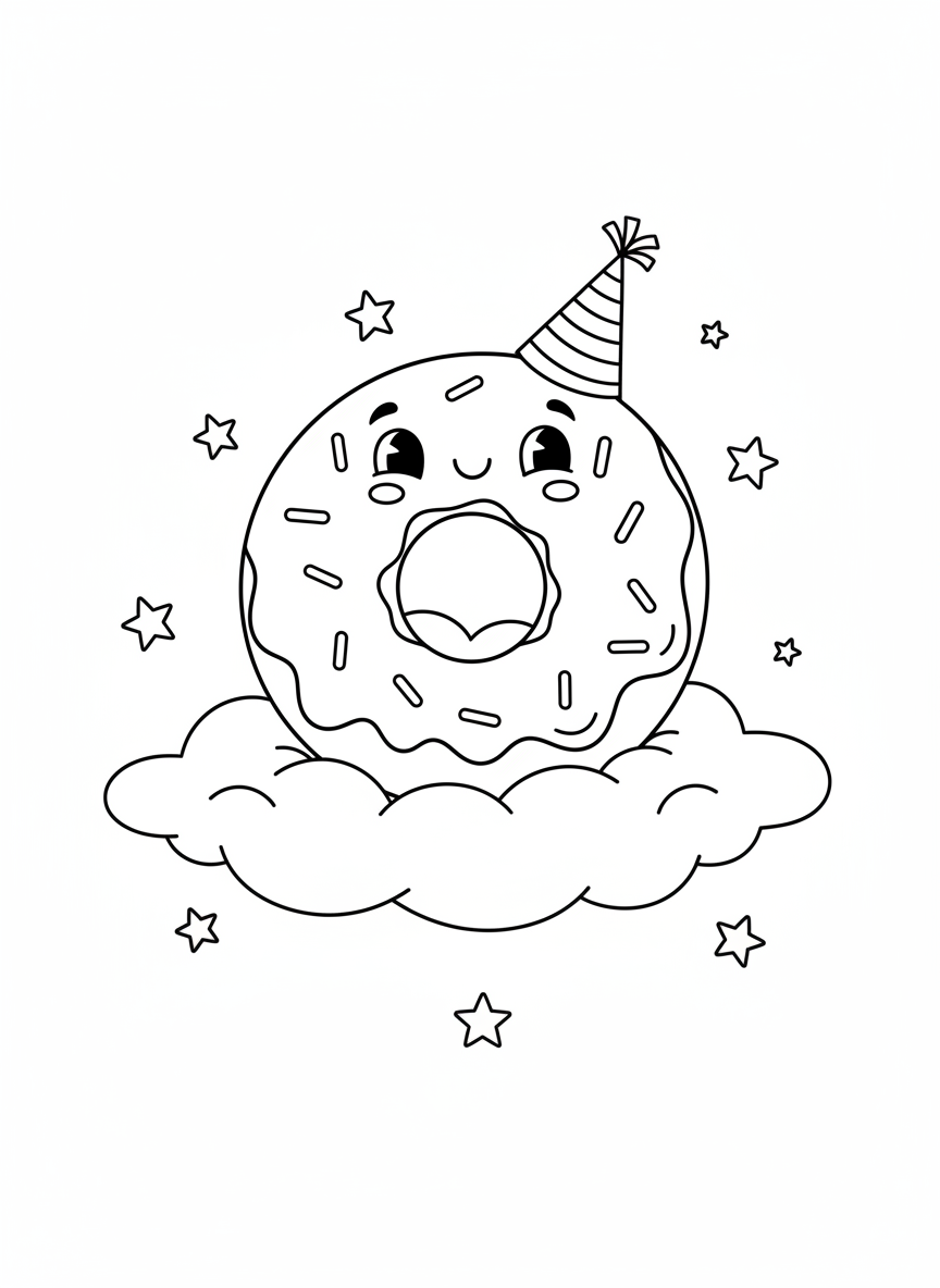Happy Donut on a Cloud Coloring Page for Kids