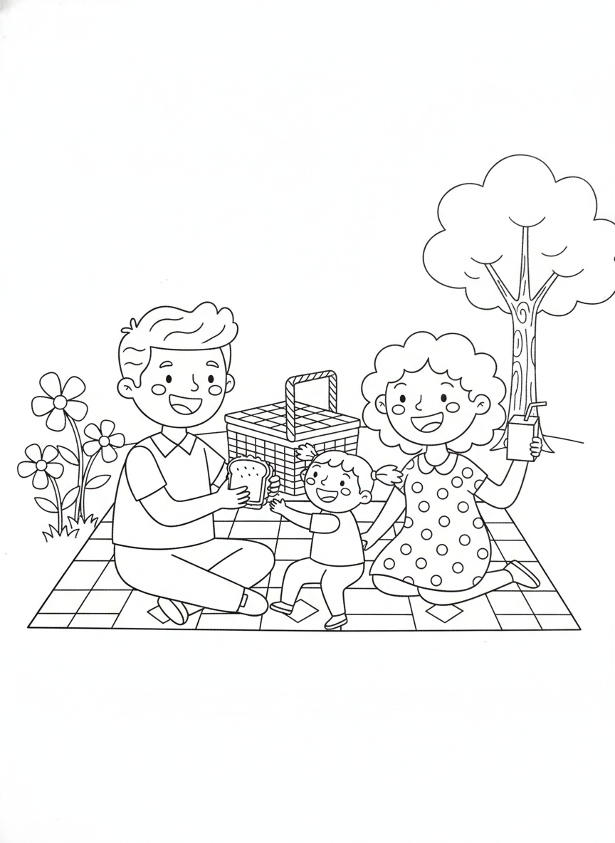 Happy Family Picnic in the Park Coloring Page for Kids