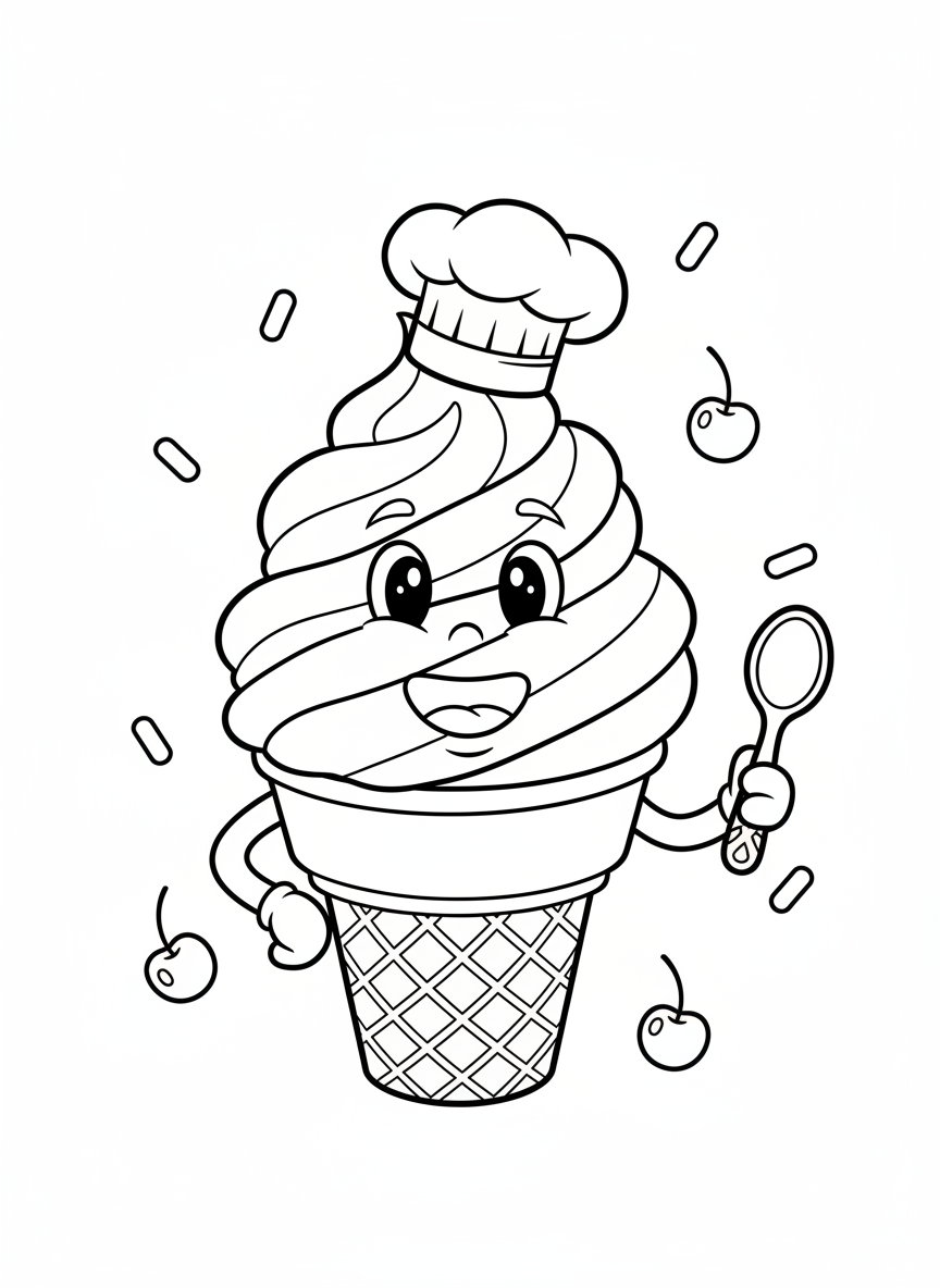 Happy Ice Cream Chef Coloring Page for Kids