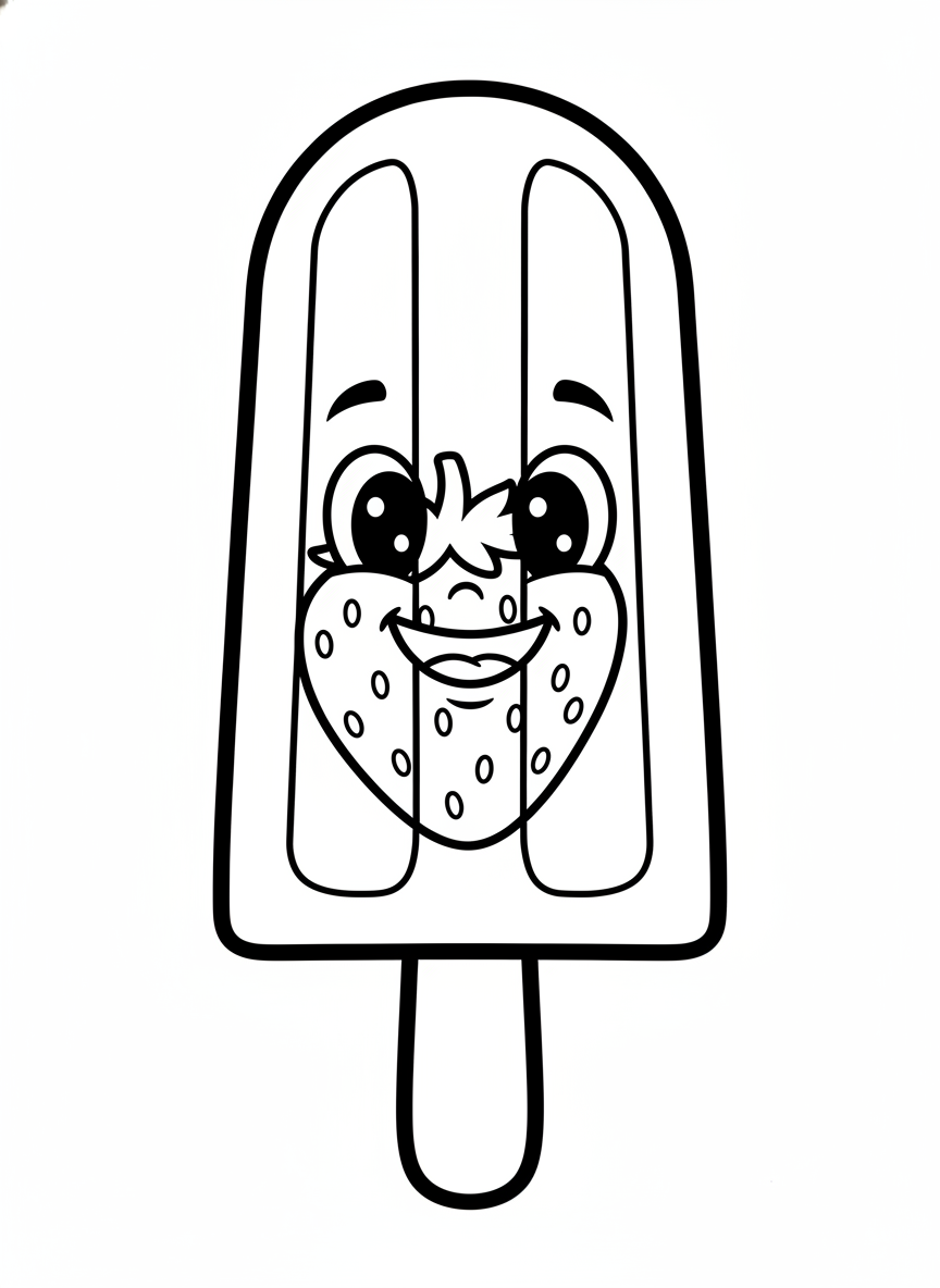Happy Strawberry Popsicle Coloring Page for Kids