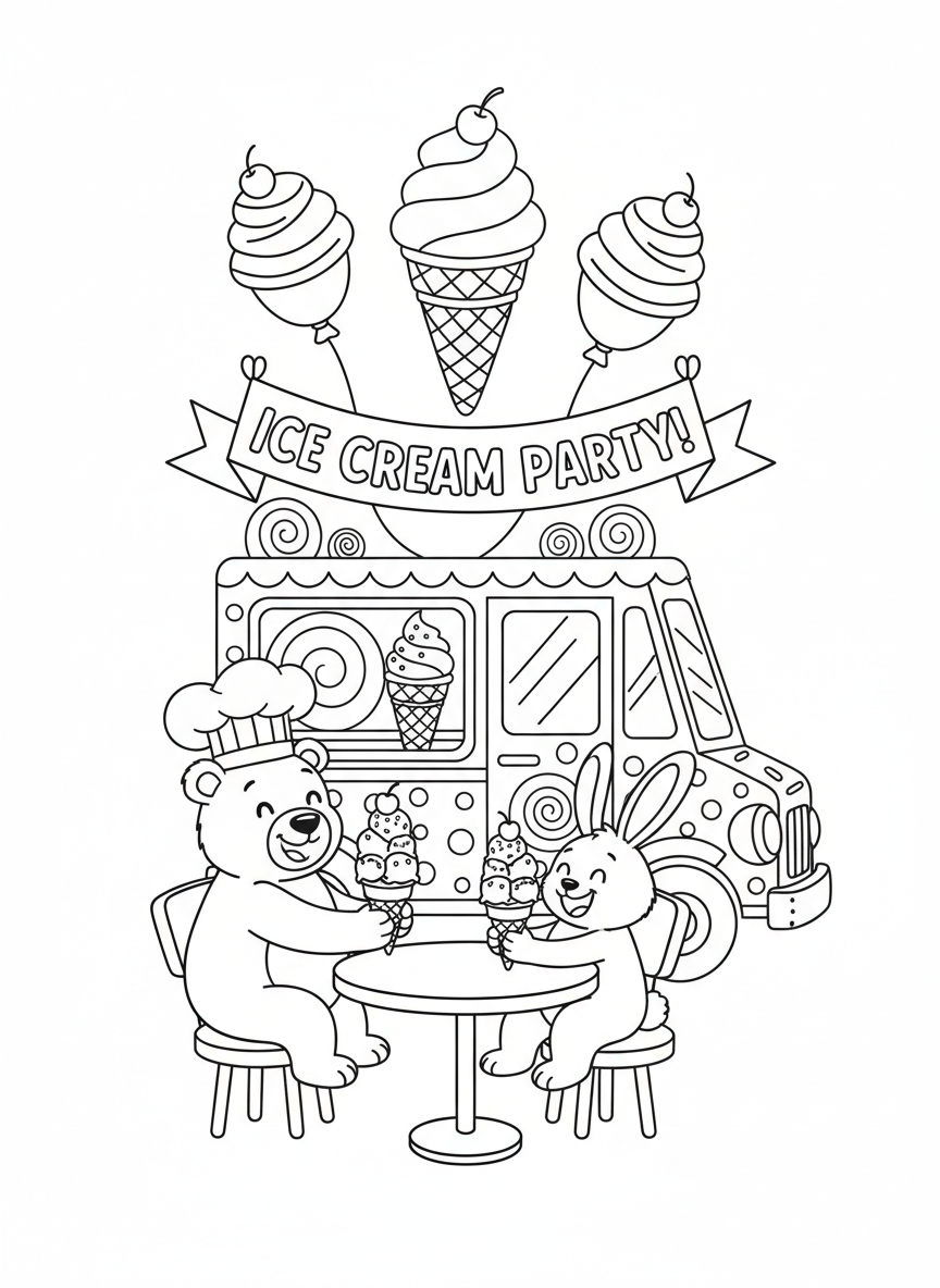 Ice Cream Party Fun Coloring Page for Kids