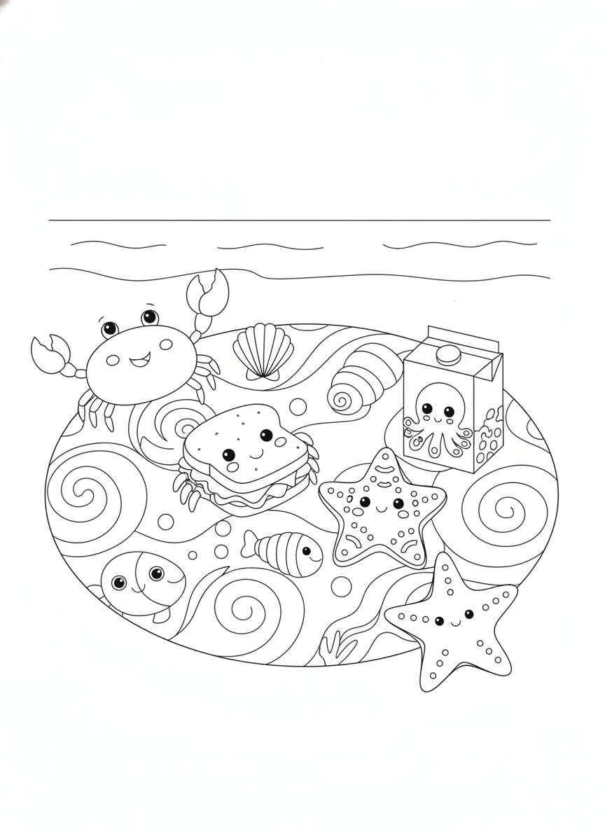 Ocean Picnic Fun Coloring Page for Kids