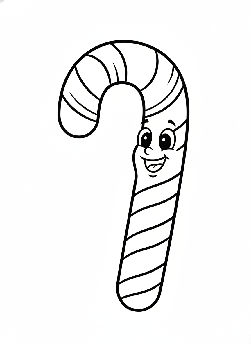 Smiling Candy Cane Coloring Page for Kids
