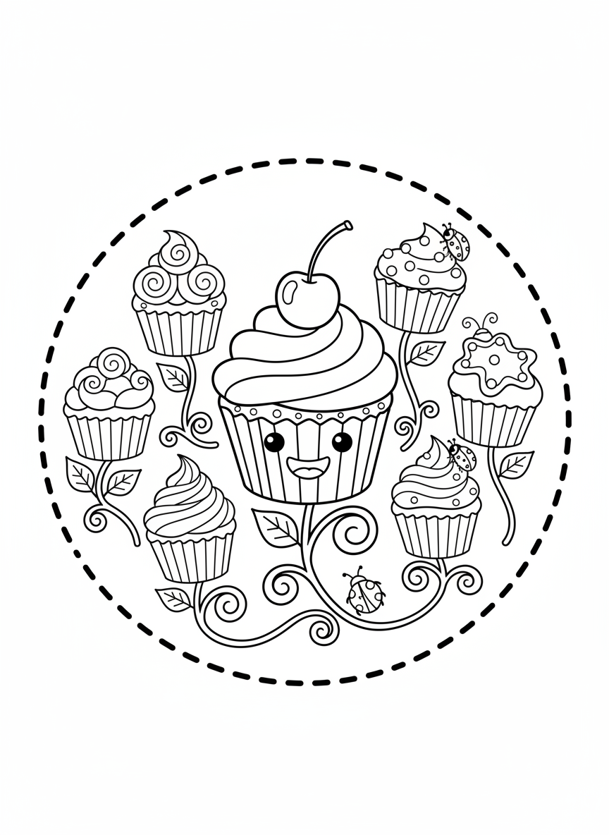 Whimsical Cupcake Garden Coloring Page for Kids