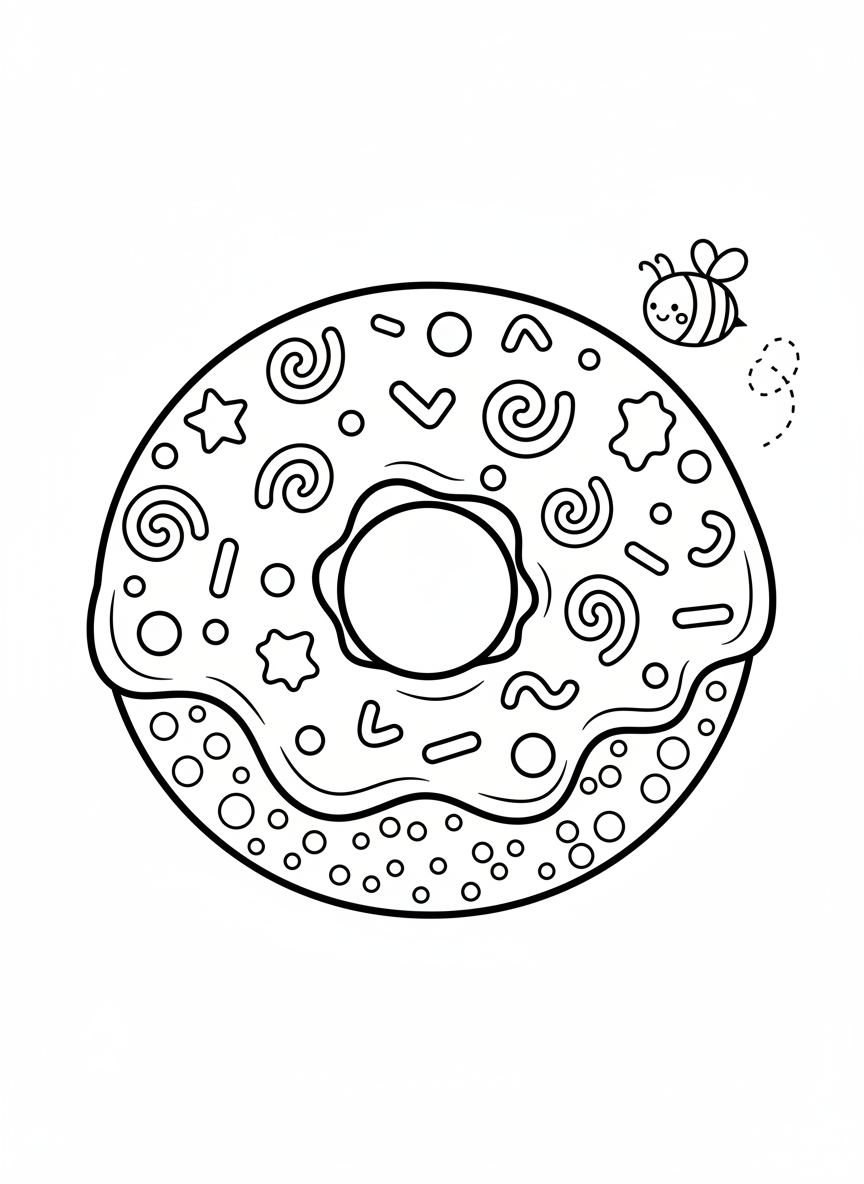 Whimsical Donut & Bee Coloring Page for Kids