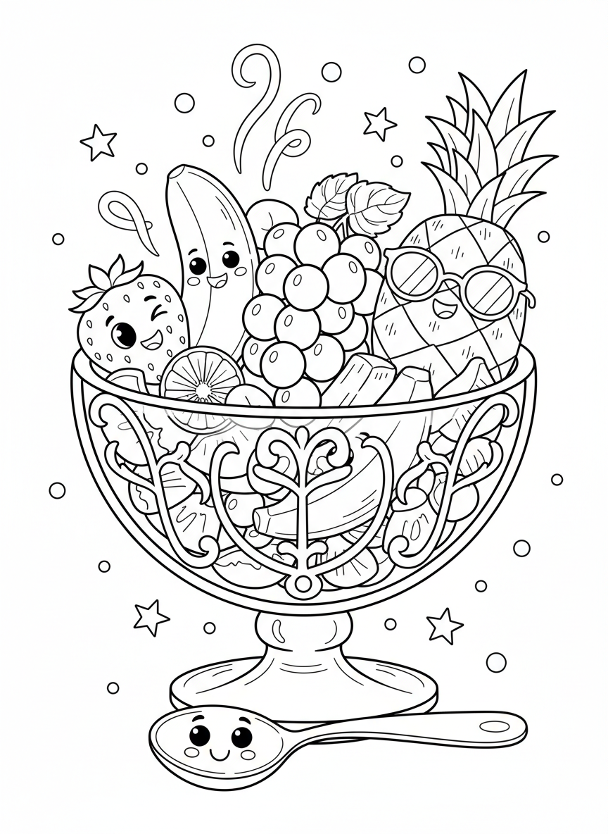 Whimsical Fruit Salad Party Coloring Page for Kids