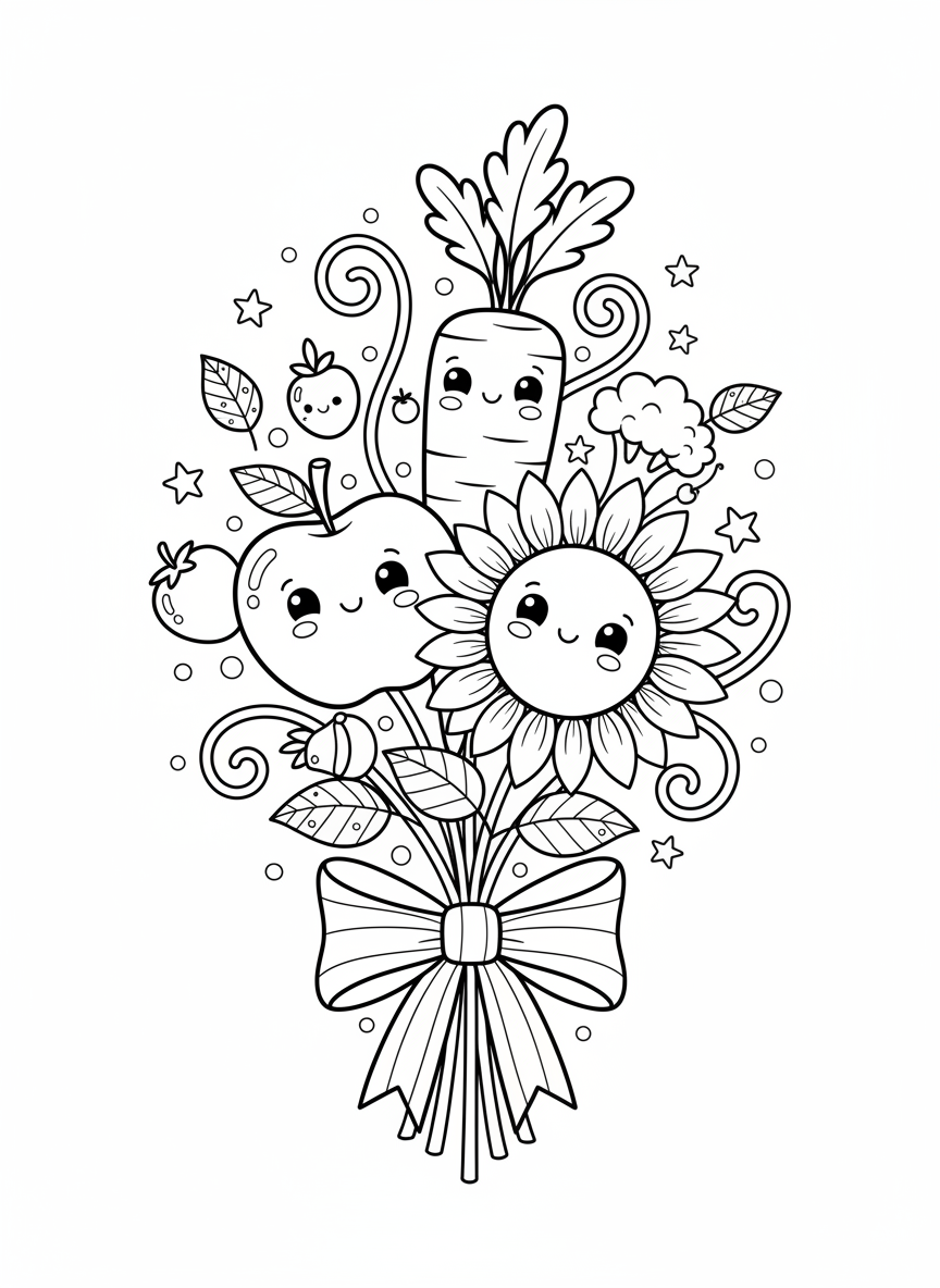 Whimsical Fruit & Veggie Bouquet Coloring Page