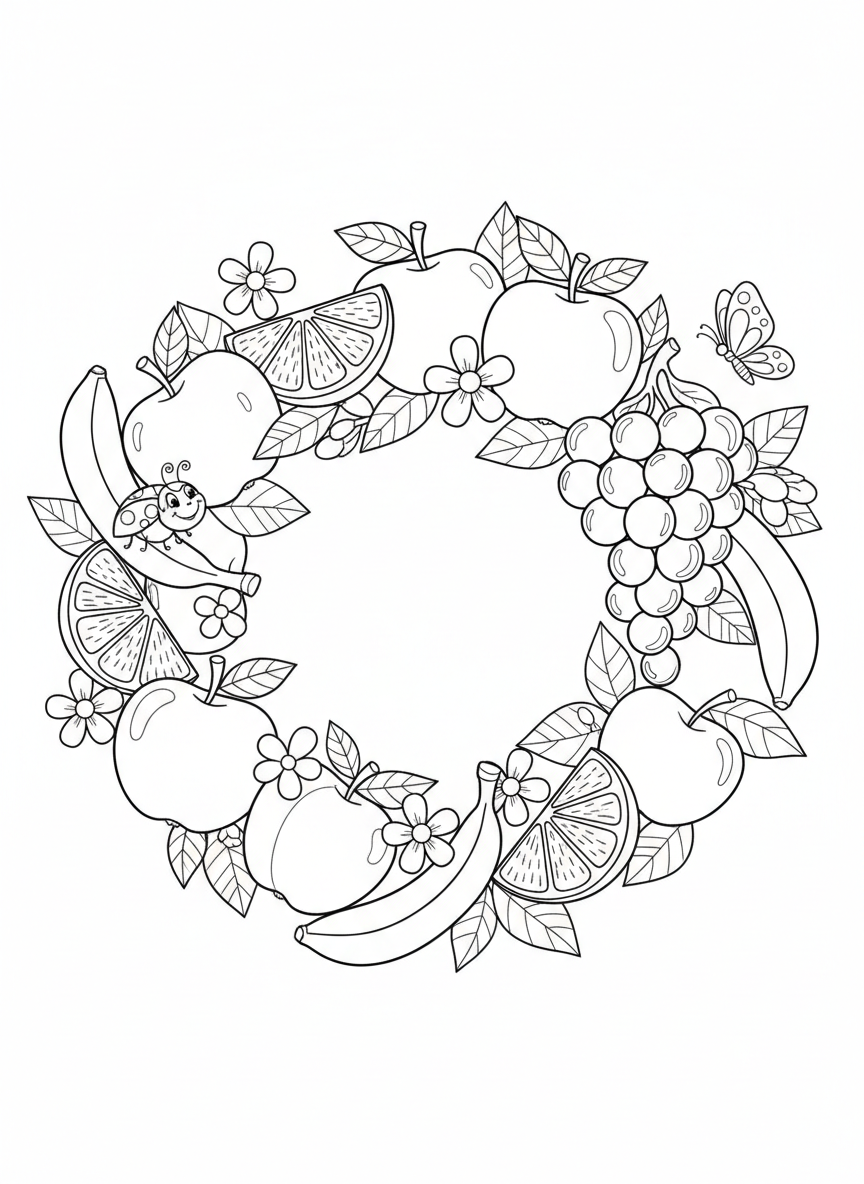 Whimsical Fruit Wreath Coloring Page for Kids
