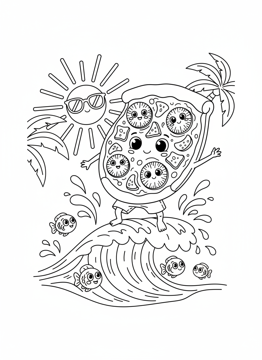 Whimsical Hawaiian Pizza Surfing Coloring Page