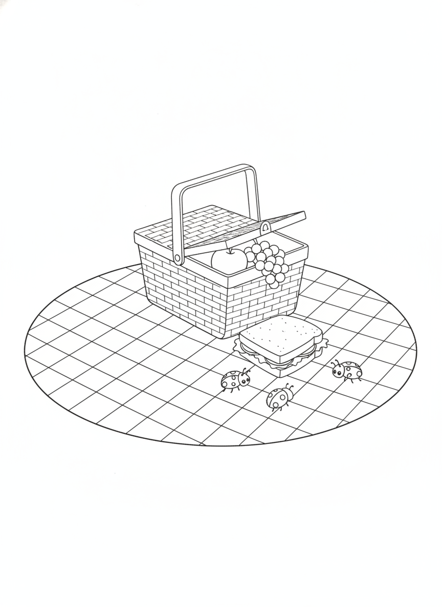 Whimsical Picnic Fun Coloring Page for Kids