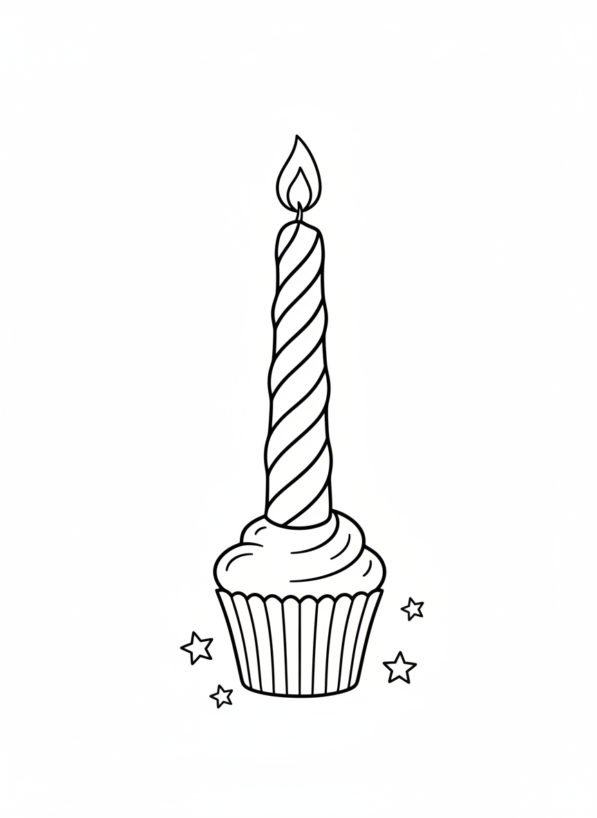 Whimsical Rainbow Candle on Cupcake Coloring Page
