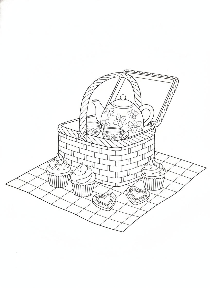 Whimsical Tea Party Picnic Coloring Page