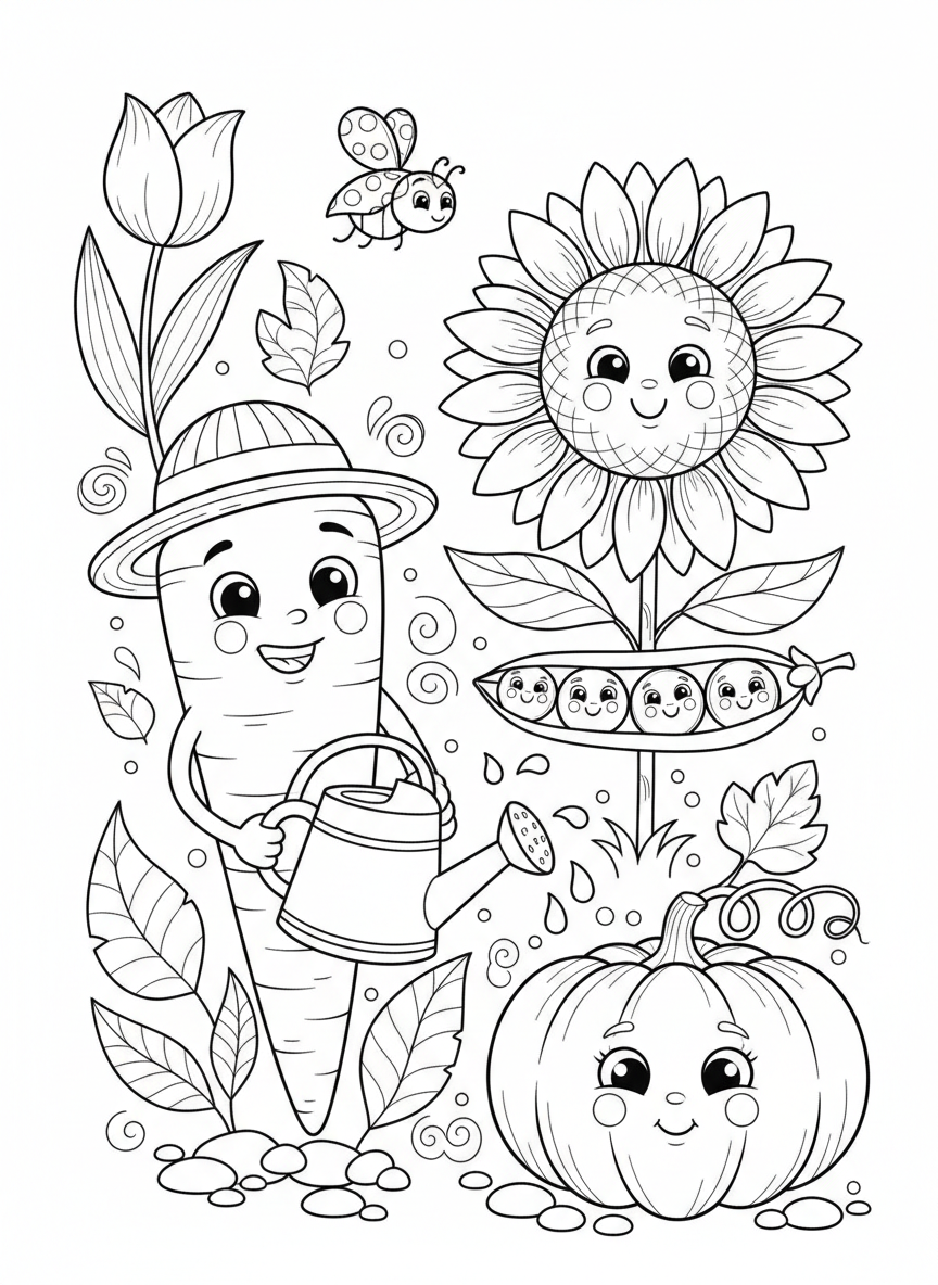 Whimsical Vegetable Garden Coloring Page for Kids