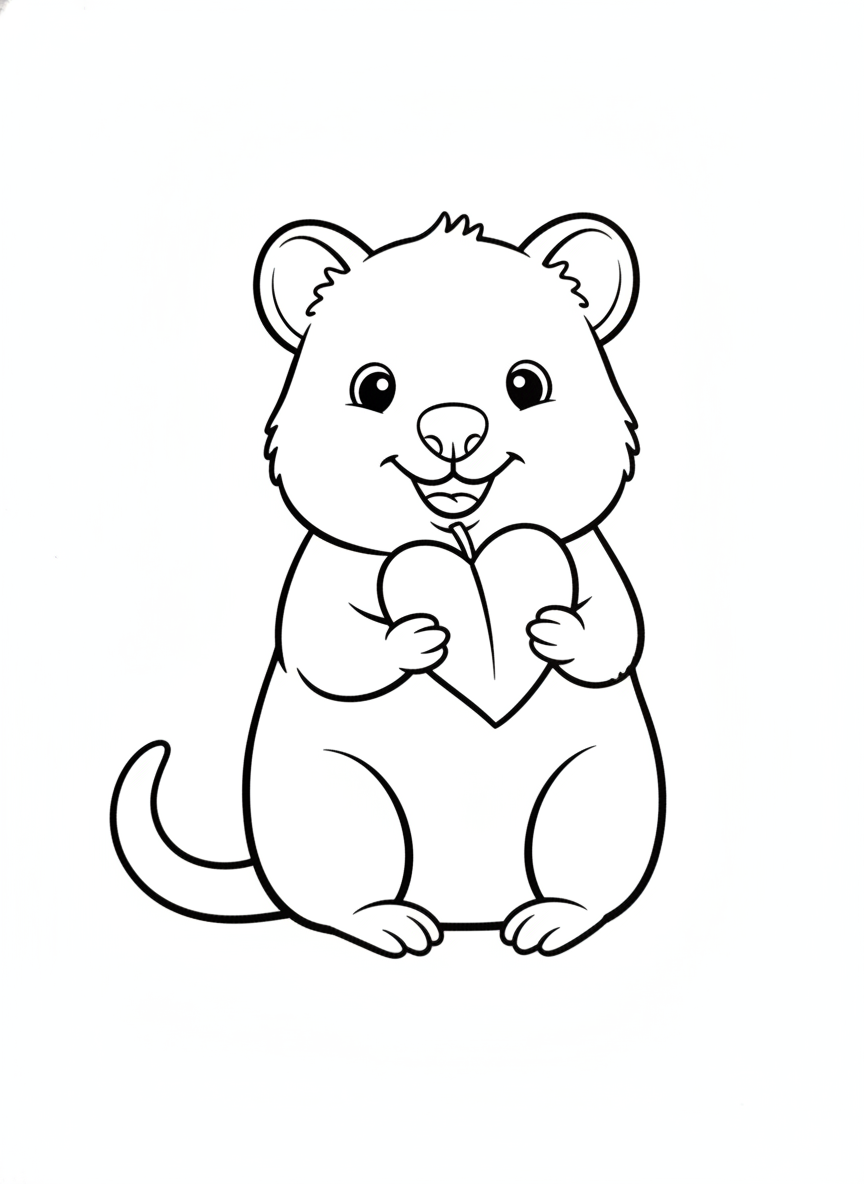 Cheerful Quokka Coloring Page: Happy Munching on a Leaf