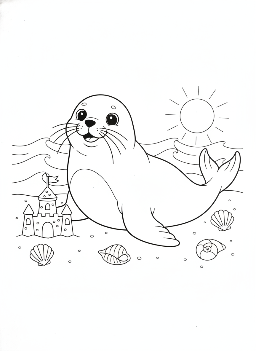 Cute Sea Lion on Sunny Beach Coloring Page for Kids