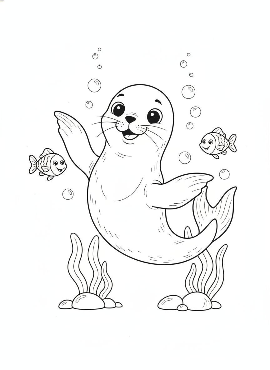 Cute Sea Lion Underwater Adventure Coloring Page for Kids