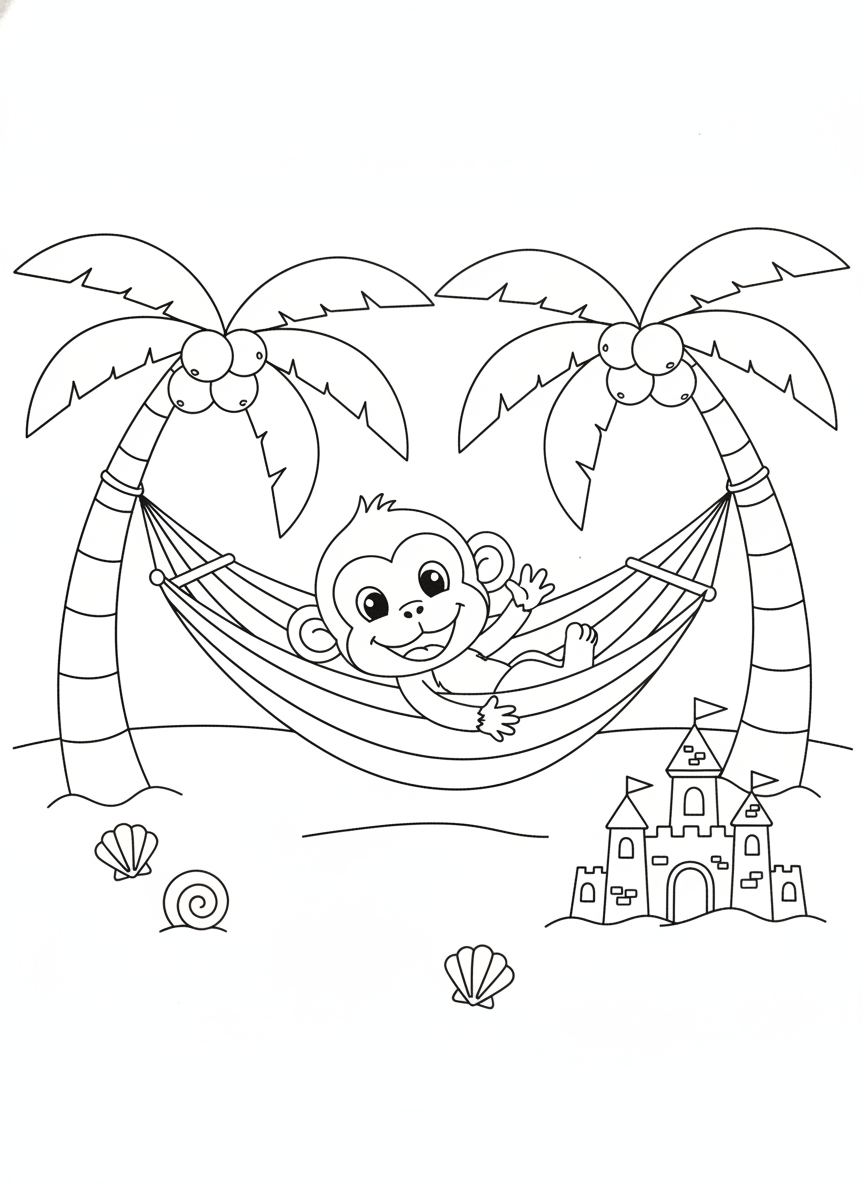 Happy Monkey on Beach Hammock Coloring Page for Kids