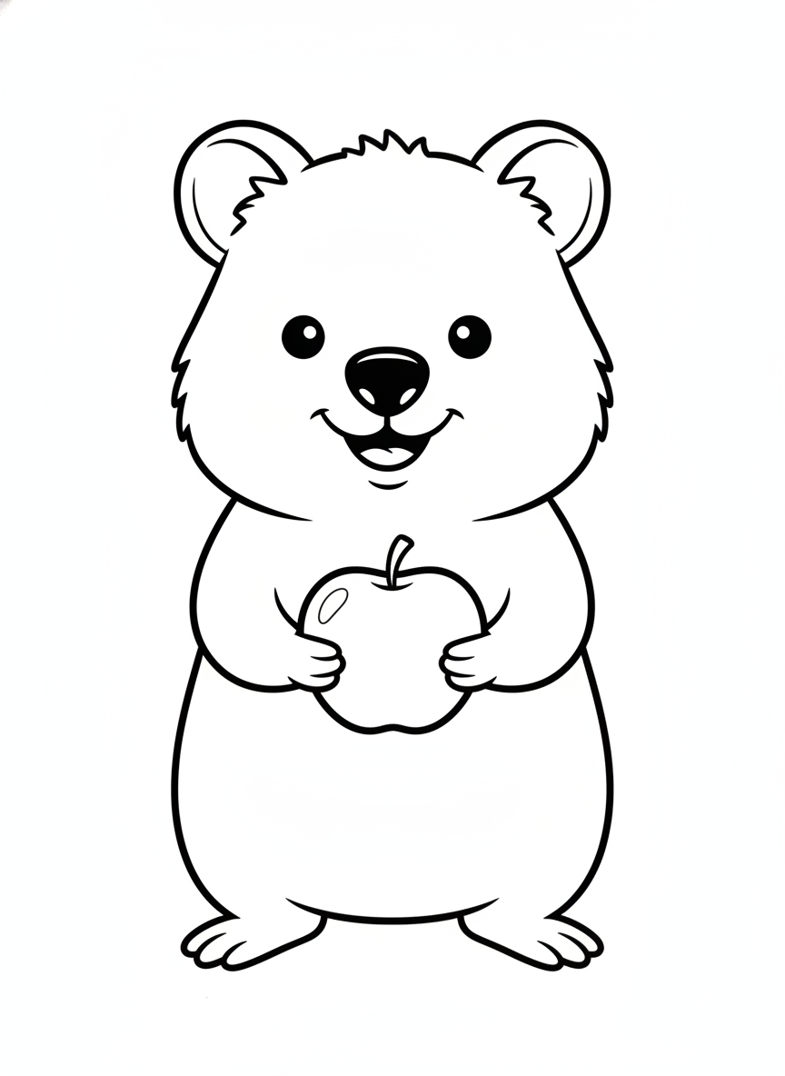Happy Quokka with Apple Coloring Page for Kids
