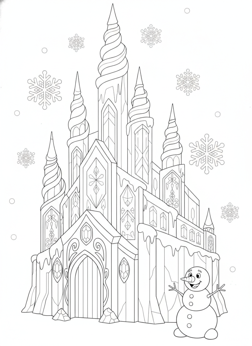 Magical Ice Castle & Friendly Snowman Coloring Page