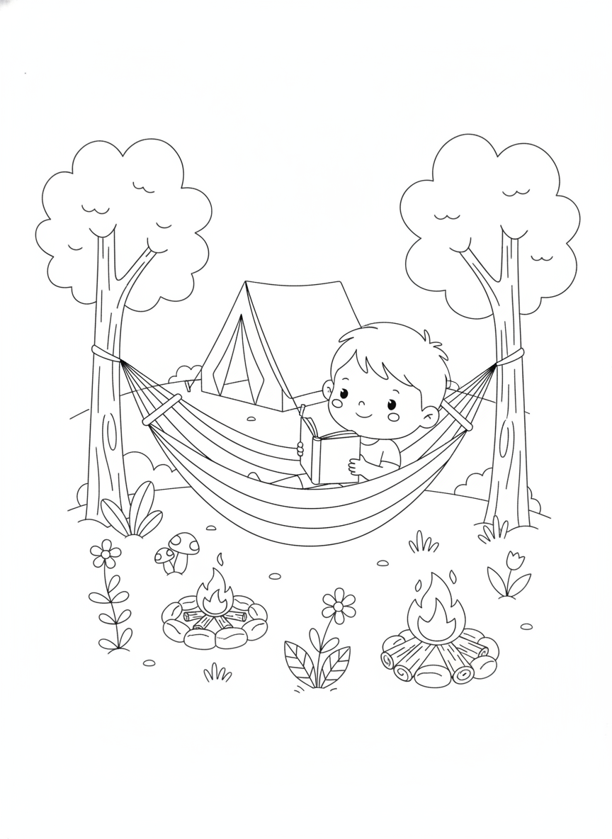 Peaceful Camping Scene: Child Reading in a Hammock