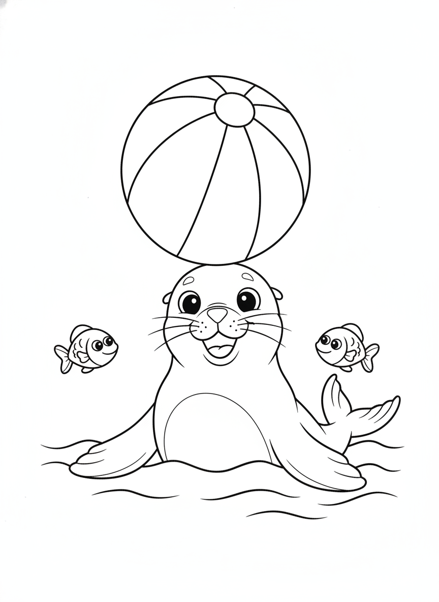 Playful Sea Lion with Beach Ball Coloring Page for Kids