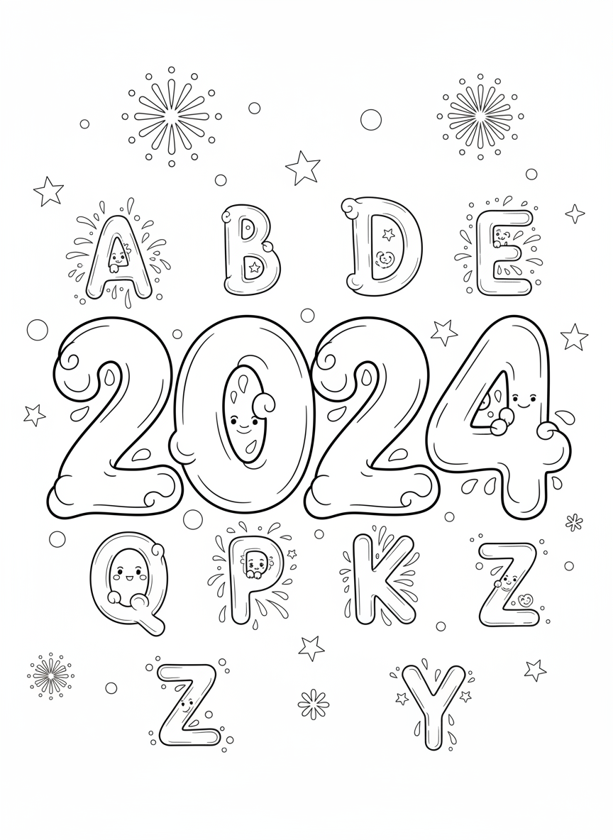 2024 New Year Celebration Coloring Page for Kids