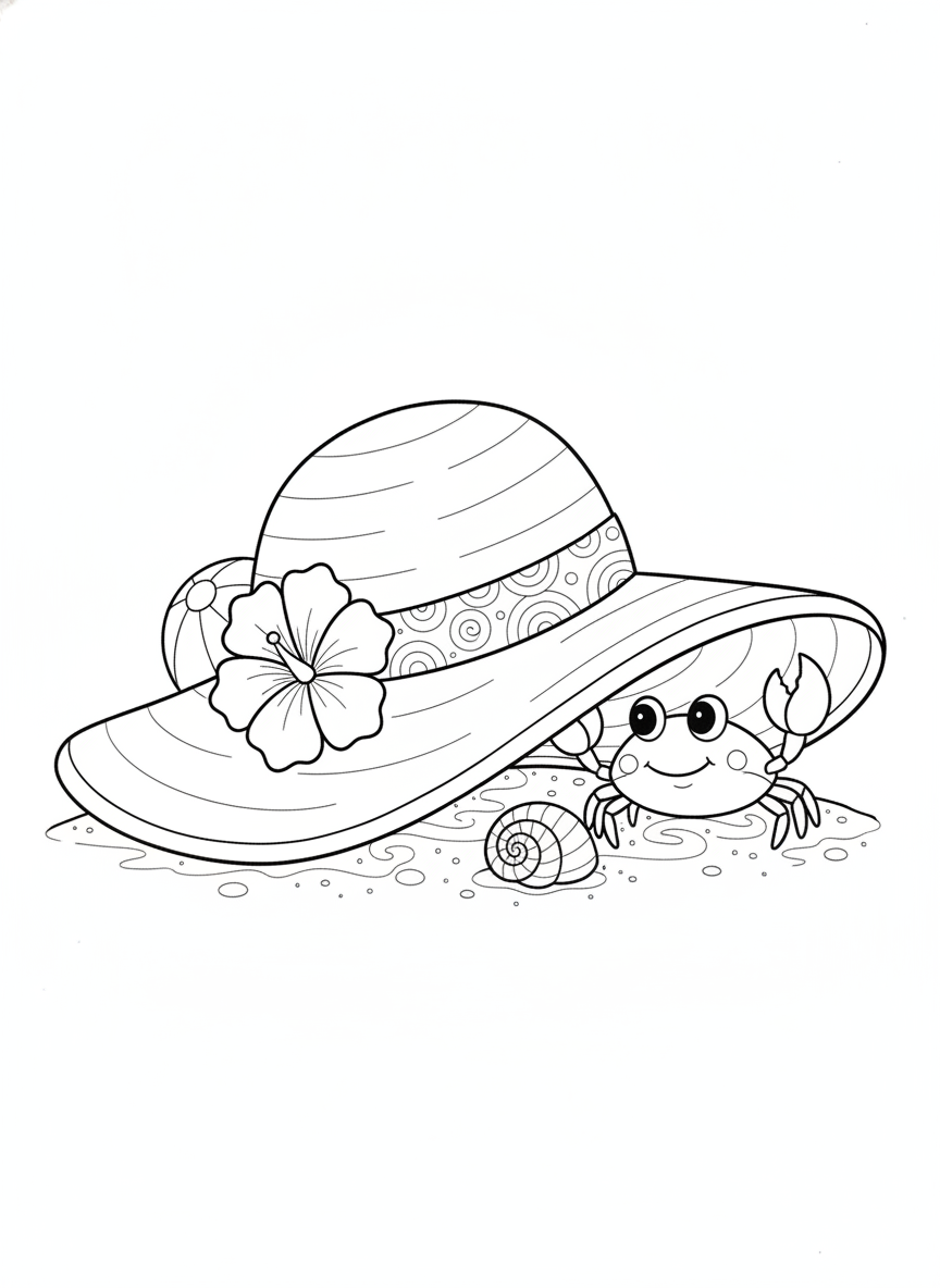 Beach Hat & Crab Summer Fun Coloring Page