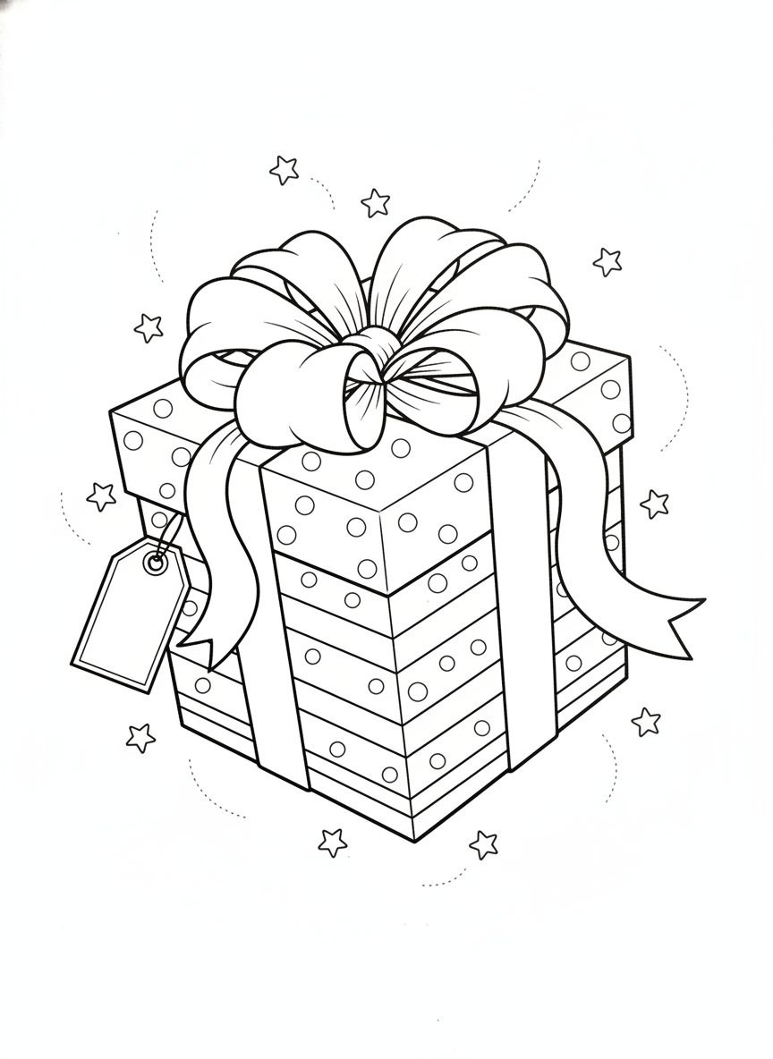 Beautiful Gift Box with Elaborate Bow and Stars Coloring Page