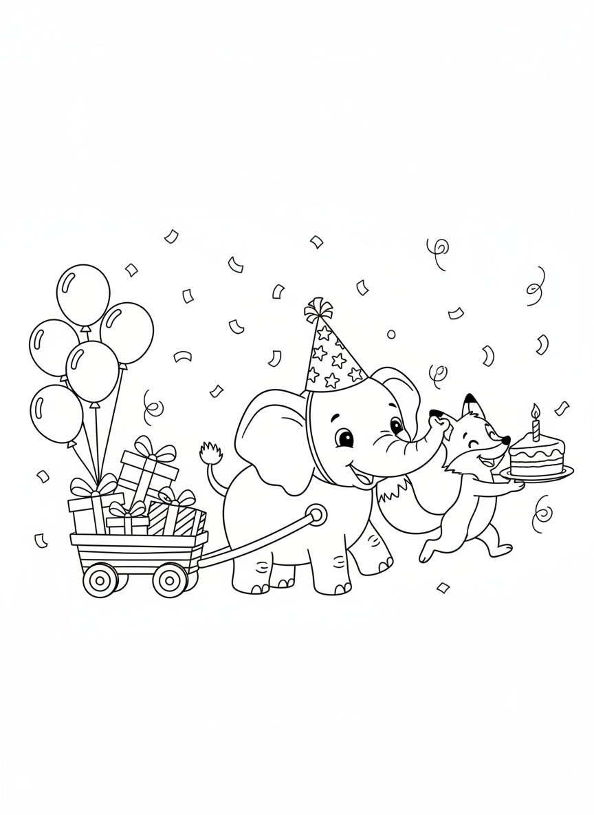 Birthday Parade Fun: Elephant & Fox Coloring Page