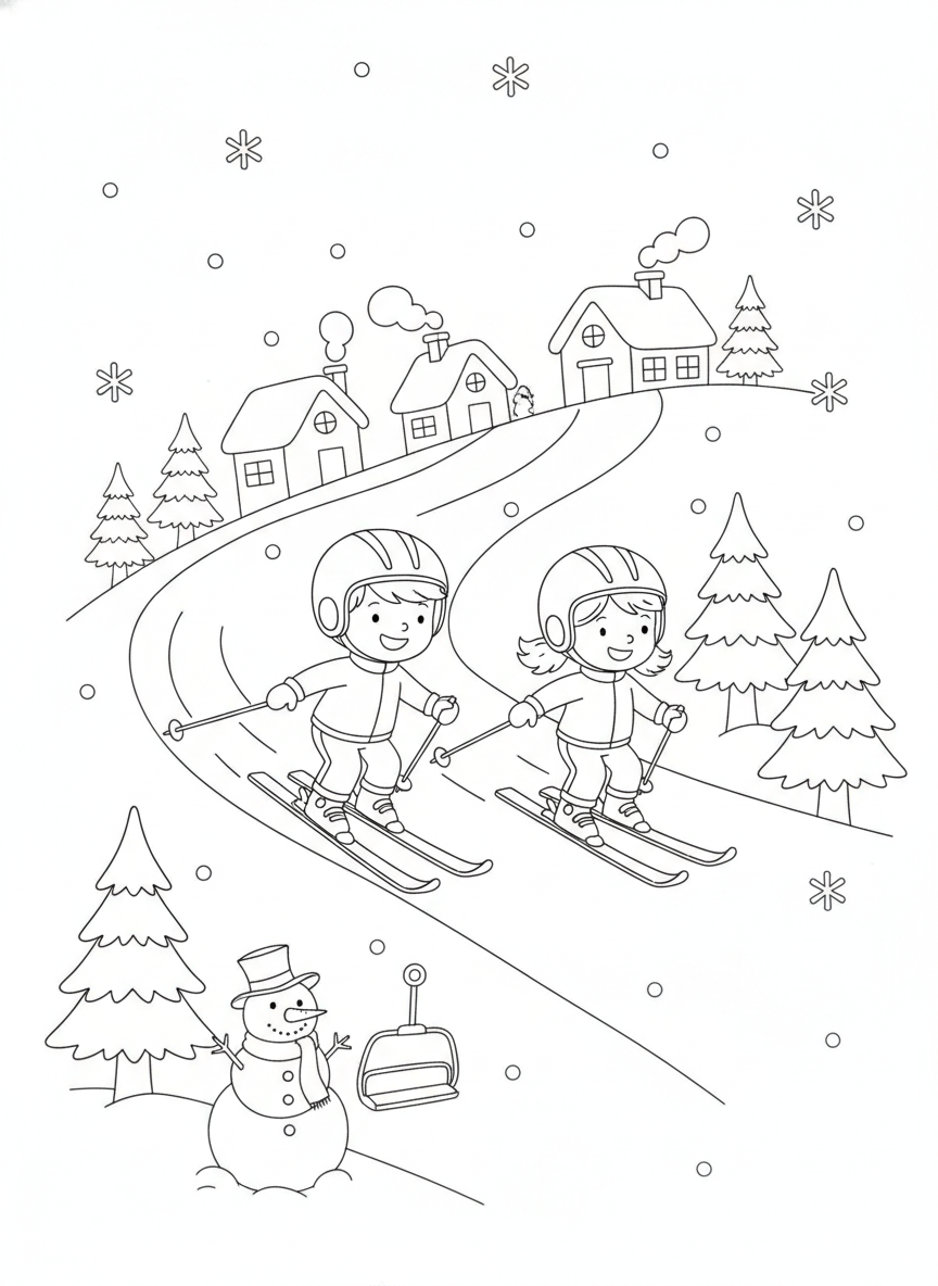 Charming Snow Village Ski Slope Coloring Page for Kids