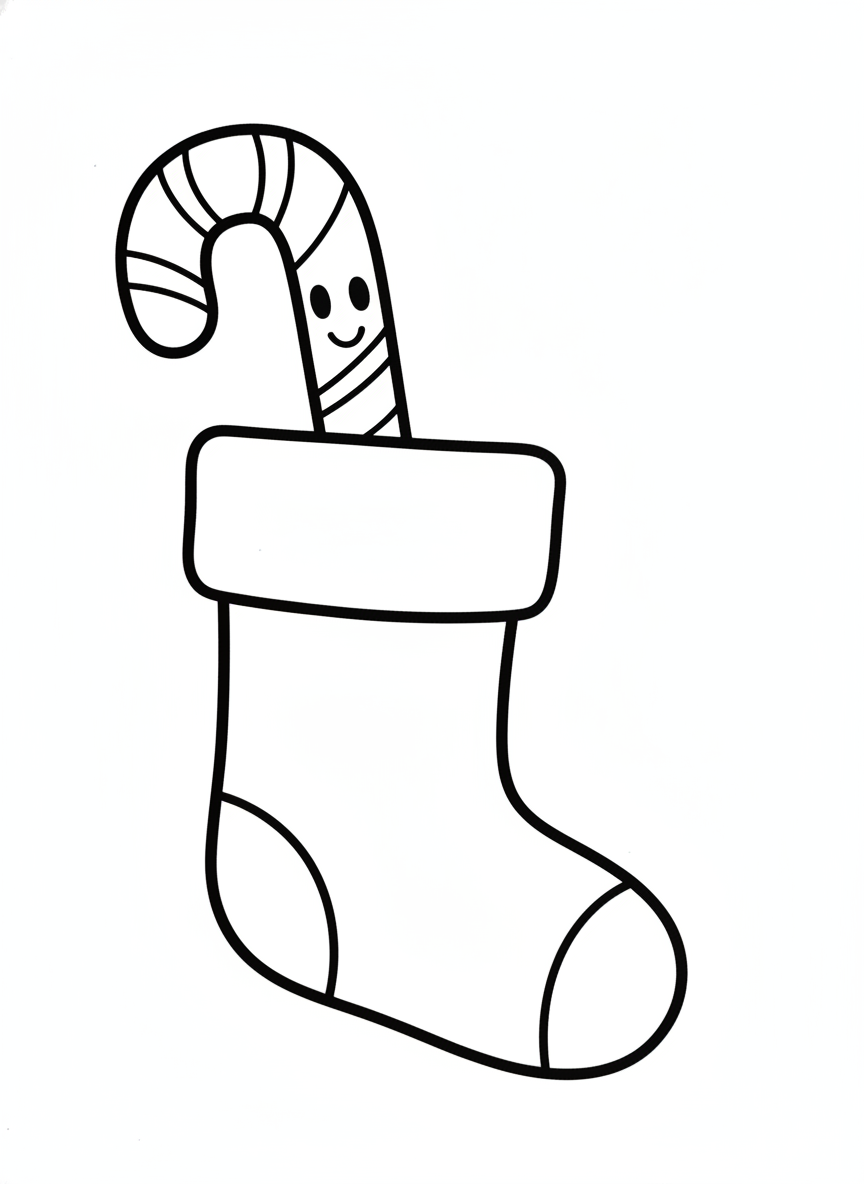 Cheerful Christmas Stocking with Candy Cane Coloring Page for Kids