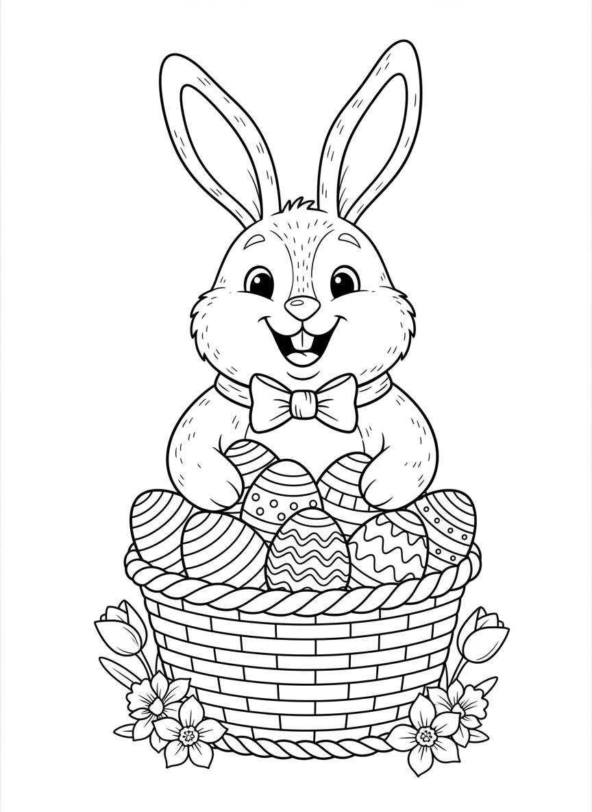 Cheerful Easter Bunny with Basket of Decorated Eggs Coloring Page for Kids