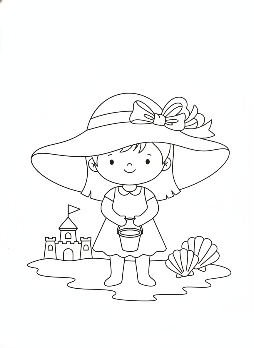 Cheerful Girl at the Beach Coloring Page for Kids