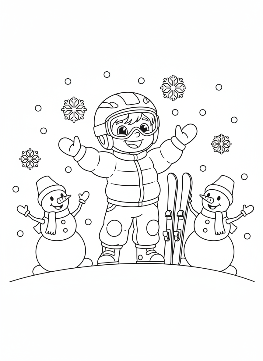 與雪人一同滑雪的快樂孩子著色頁