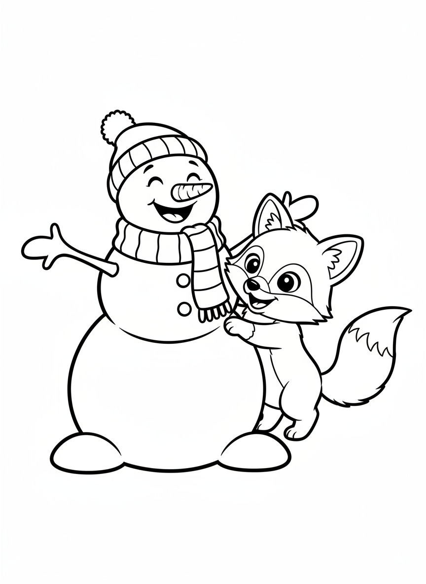 Cheerful Snowman and Fox Cub Playtime Coloring Page