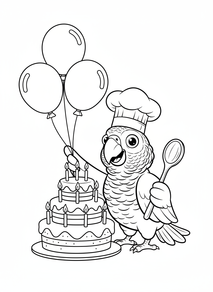 Chef Parrot Birthday Cake Coloring Page