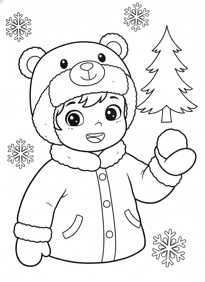 Child in Bear Hat with Snowball Coloring Page