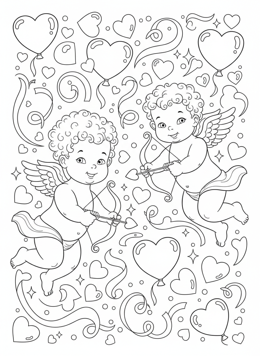 Cupids Flying with Arrows Coloring Page