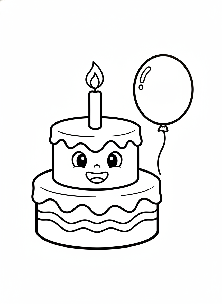Cute Birthday Cake and Balloon Coloring Page for Kids