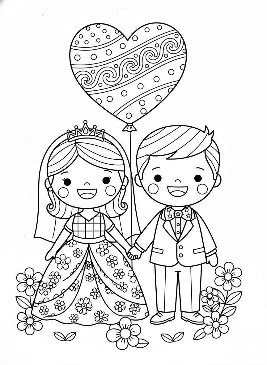 Cute Bride & Groom Wedding Coloring Page for Kids