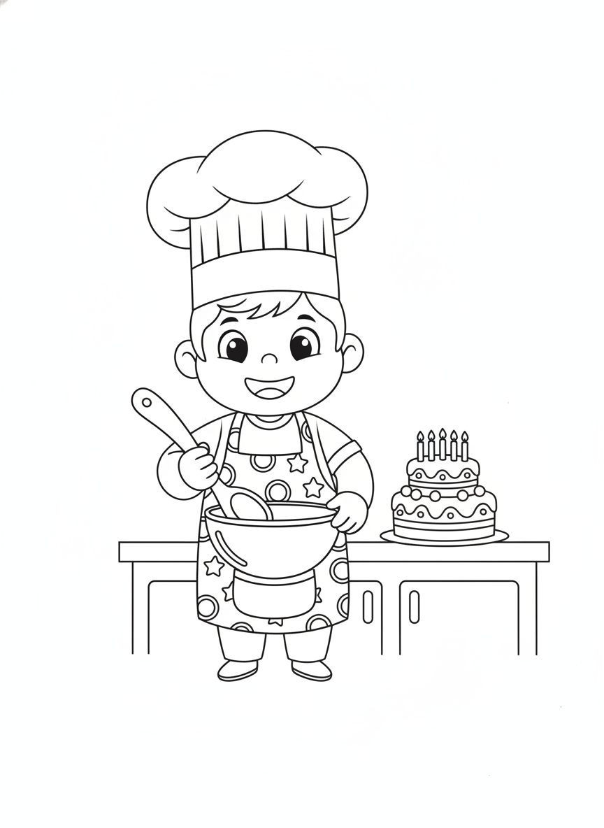 Cute Chef Child Baking Birthday Cake Coloring Page for Kids