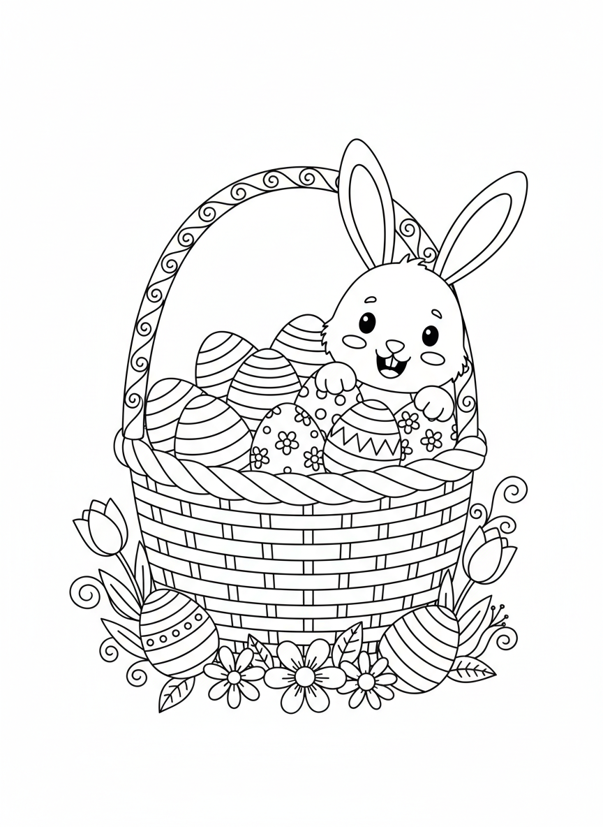 Cute Easter Basket with Bunny & Eggs Coloring Page