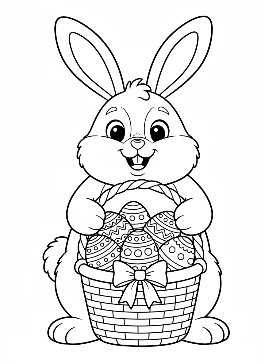 Cute Easter Bunny with Basket Coloring Page for Kids