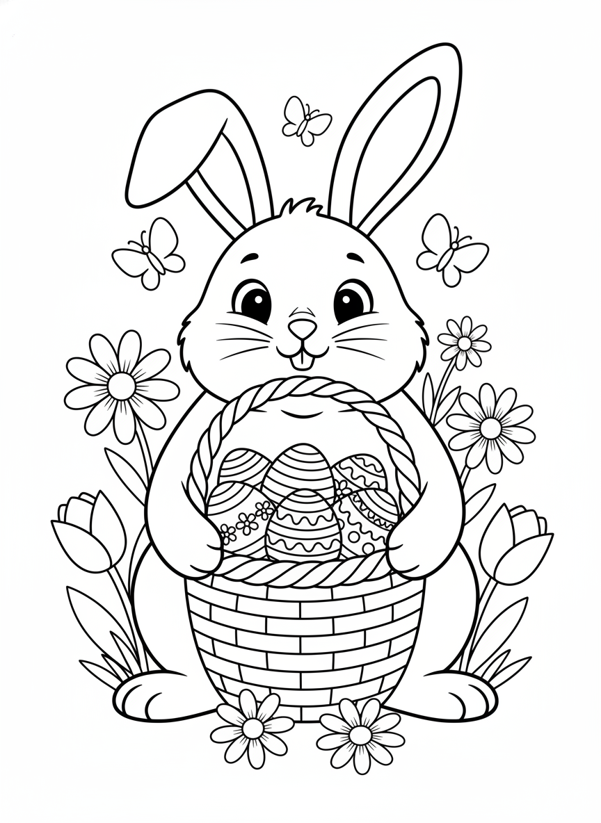 Cute Easter Bunny with Basket of Eggs Coloring Page for Kids