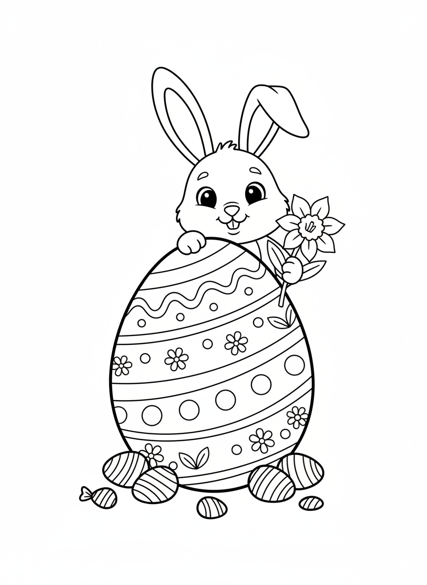 Cute Easter Bunny with Decorated Egg Coloring Page